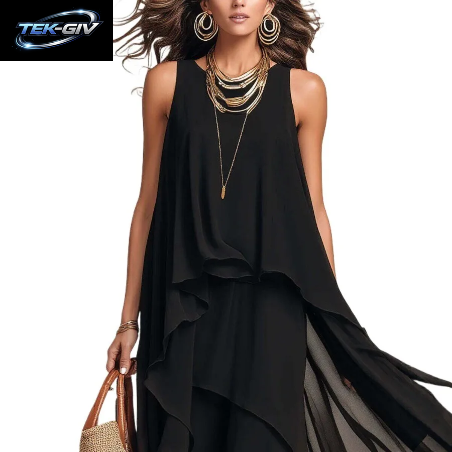 Elegantes Einfarbiges Damenkleid Sommerliches Lässiges O-Ausschnitt Ärmelloses Asymmetrisches Rüschen-Maxikleid Aus Chiffon Für Urlaub Und Partys
