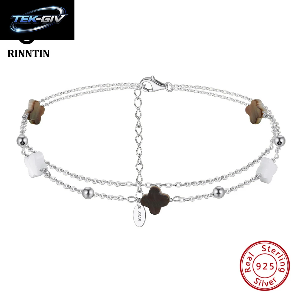 Rinntin Fußkettchen Aus Echtem 925Er-Sterlingsilber, Doppellagig, Kleeblatt-Kette, Glücksklee-Charm-Fußkettchen, Armband, Damenschmuck, GMA02