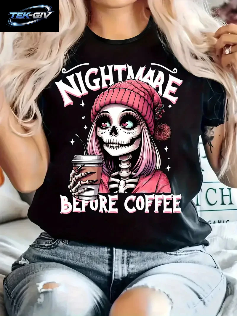 Lässiges Grafik-T-Shirt Für Damen – „Nightmare before Coffee“-Skelett-Kunstdruck, Schwarz, Kurzärmelig, Rundhalsausschnitt, Sommer-Streetwear