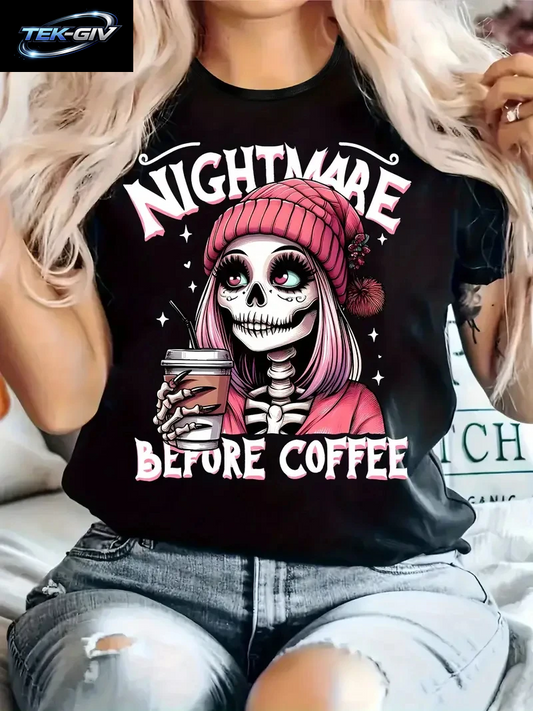Lässiges Grafik-T-Shirt Für Damen – „Nightmare before Coffee“-Skelett-Kunstdruck, Schwarz, Kurzärmelig, Rundhalsausschnitt, Sommer-Streetwear