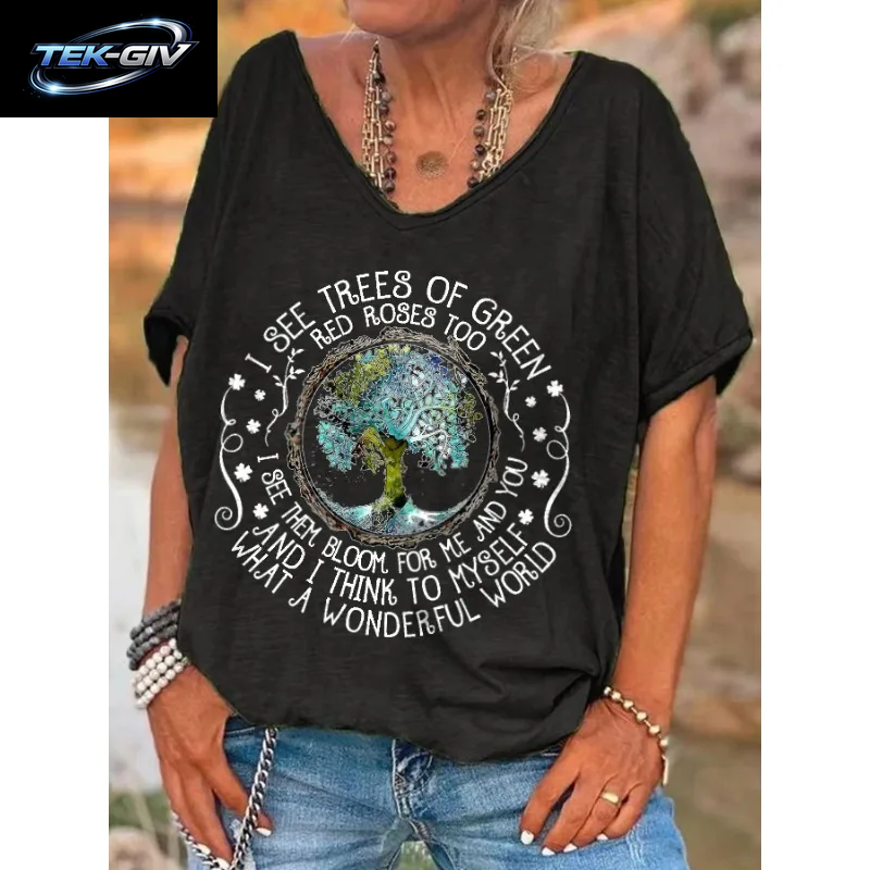 Ilstile Damen-T-Shirt Mit V-Ausschnitt, Hippie-Print „What a Wonderful World“, Sommer-Kurzarm-T-Shirt Für Damen, Oberteile, Lässige T-Shirts