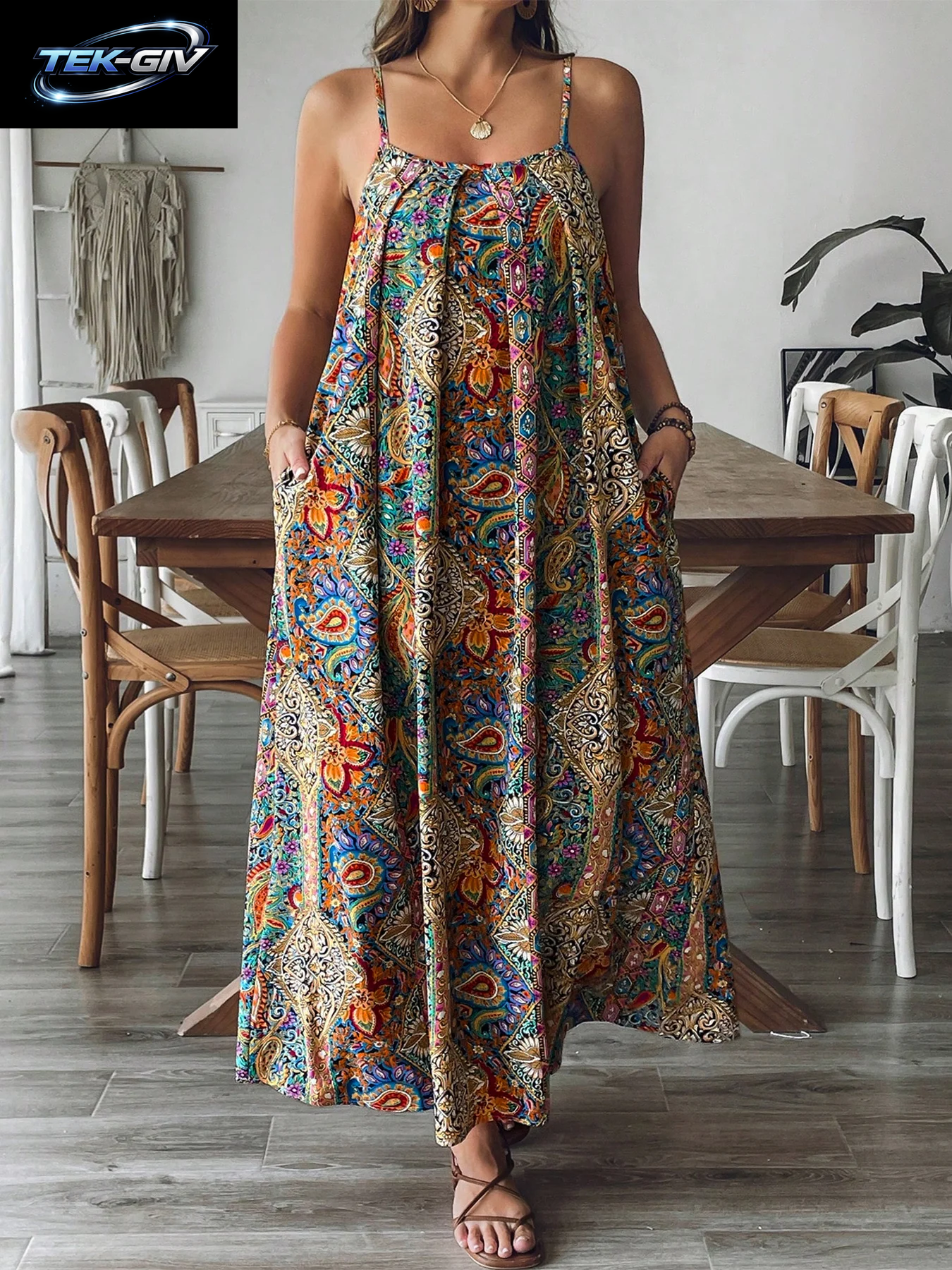 Übergröße Blumen-Paisley Maxikleid Fließendes Strand-Boho Urlaubskleid Sommerkleid