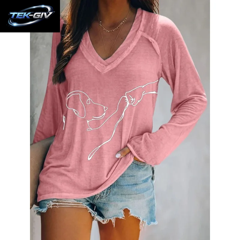 Ilstile Damen-T-Shirts Mit Hundemotiv, Sommer, Lässig, Locker, Langärmelig, V-Ausschnitt, Weiß, Schwarz, Blau, Grün, T-Shirt, Heißer Verkauf