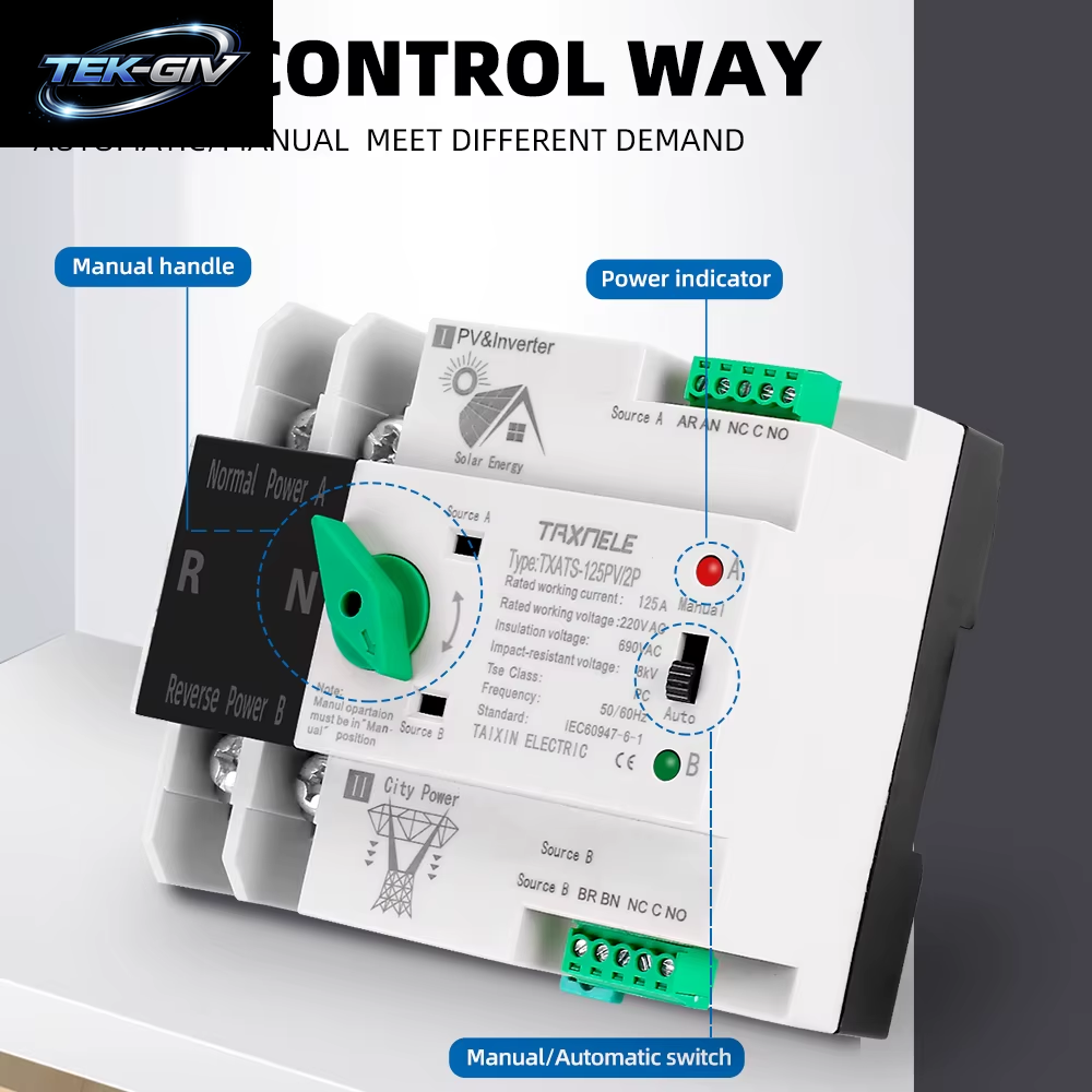 2P 3P 4P Din-Schiene ATS PV Inverter Dual Power Automatische Transfer Wahlschalter Unterbrechungsfreie 63A 100A 125A Photovoltaik Solar