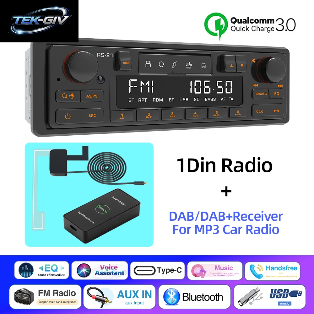 1DIN Retro Autoradio Mp3-Player Stereo Bluetooth FM AM RDS Unterstützung QC3.0 Für Porsche VW Benz BMW Land Rover Audi Alfa Romeo