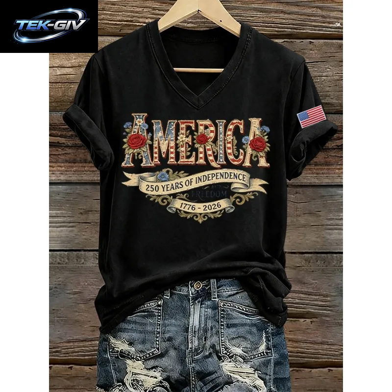 NEUE Damen-T-Shirts Mit Us-Flaggen-Aufdruck 1776-2026, Sommer-T-Shirt Zum 250. Jahrestag Amerikas, Kurzärmelig, Lässige Oberteile Mit V-Ausschnitt