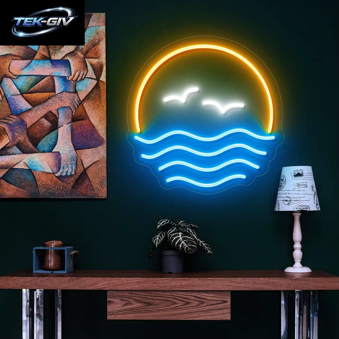 Ozeanwelle Led-Schild Wandkunst Einstellung Mond Am Meer Neonschild Benutzerdefinierter Sonnenaufgang Über Dem Meer Licht Home Decor