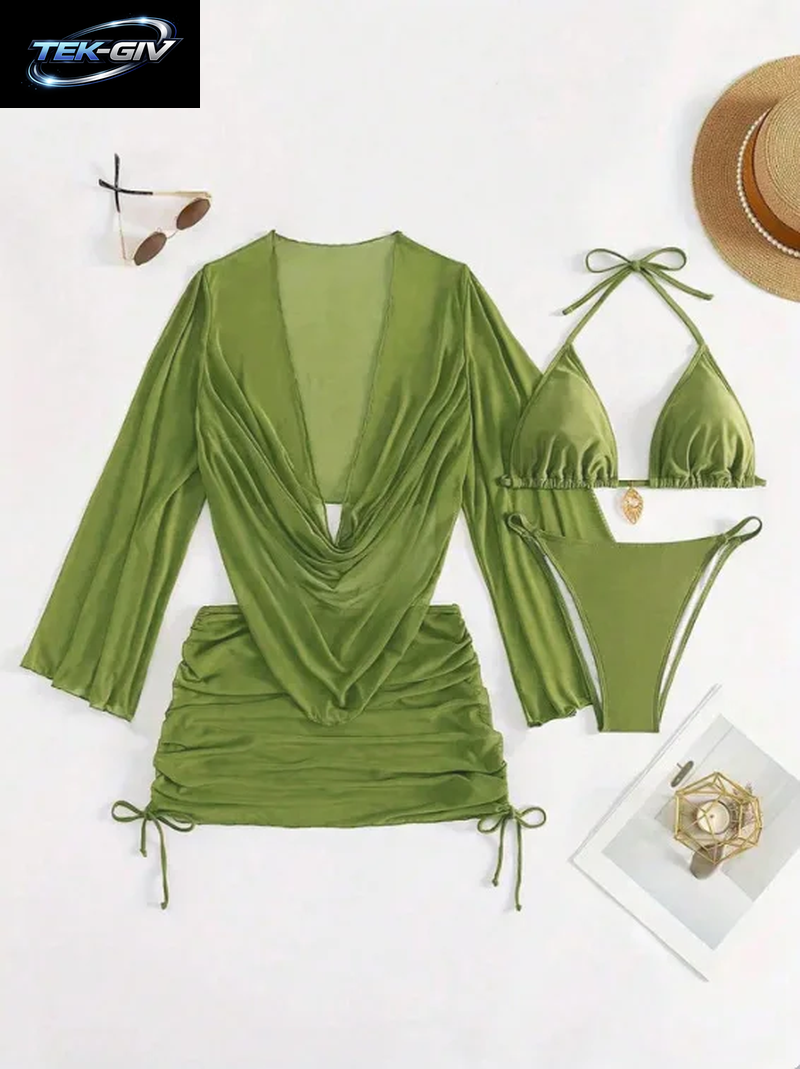 4-Teiliges Sexy Einfarbiges Bikini-Set Mit Transparentem Überzug, Geeignet Für Urlaub, Strandparty, Perfekt Für Neujahr Und Valentinstag