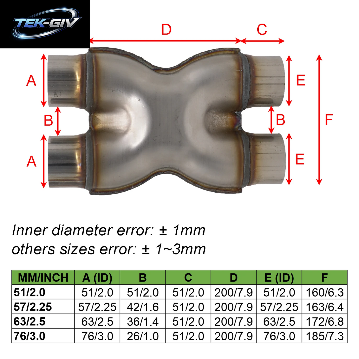 51 57 63 76 Mm Auspuff X Y Rohr Universal Edelstahl 2 2,25 2,5 3 Zoll Auspuff Schalldämpfer X Y Rohr 3/4-Wege-Adapter Anschlussrohr