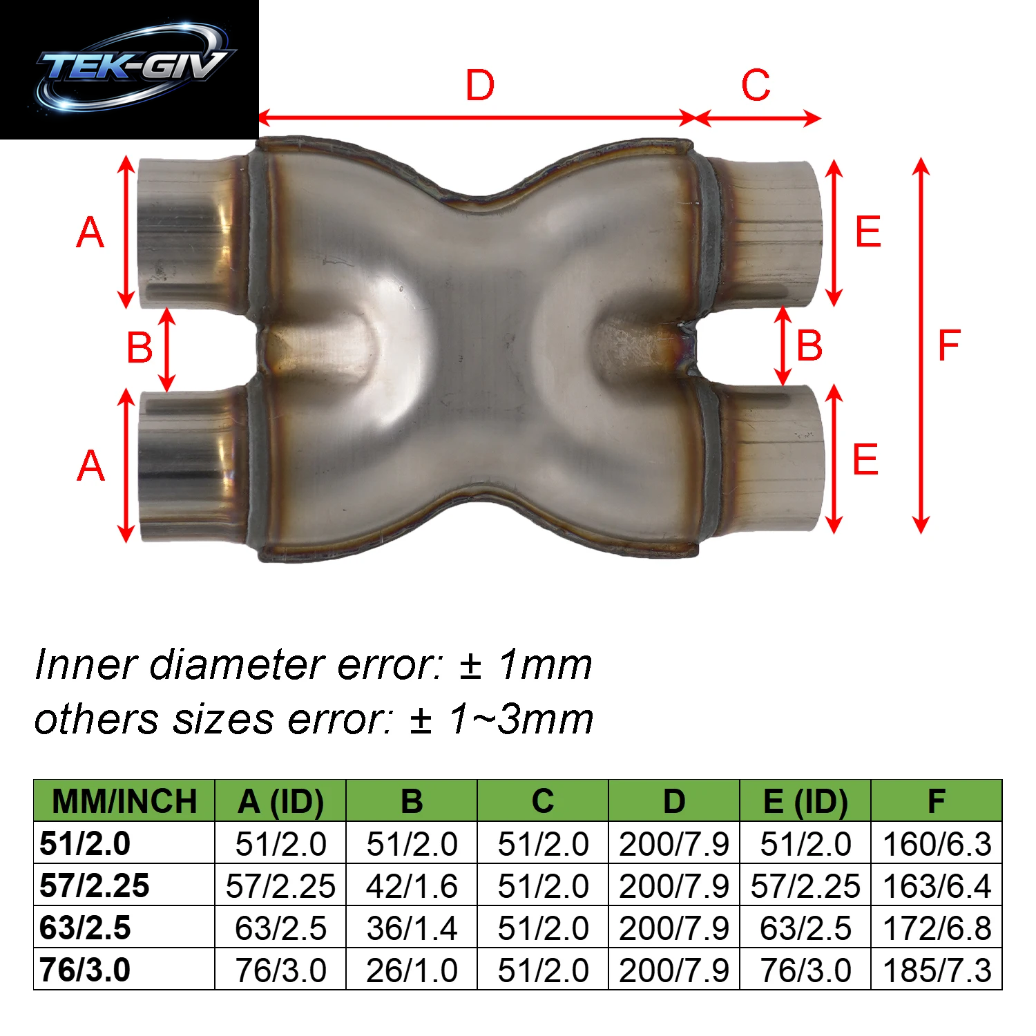 51 57 63 76 Mm Auspuff X Y Rohr Universal Edelstahl 2 2,25 2,5 3 Zoll Auspuff Schalldämpfer X Y Rohr 3/4-Wege-Adapter Anschlussrohr