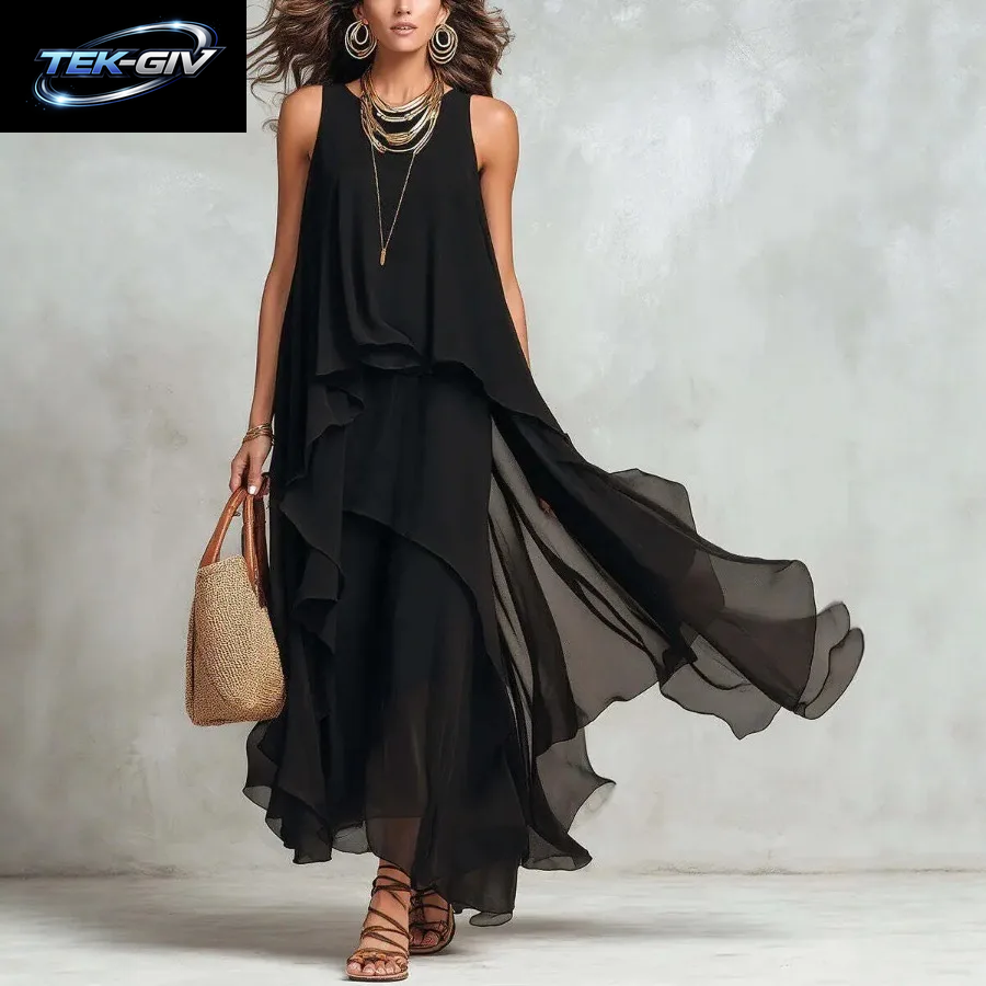 Elegantes Einfarbiges Damenkleid Sommerliches Lässiges O-Ausschnitt Ärmelloses Asymmetrisches Rüschen-Maxikleid Aus Chiffon Für Urlaub Und Partys