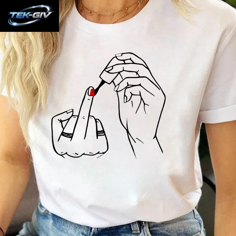 Frauen Mittelfinger Nagellack Drucke T Shirt Sommer Komfortable Weiche Kurzarm Oansatz Tops Casual Weibliche Kleidung