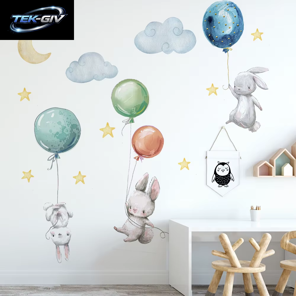 Niedliche Schöne Fliegende Kaninchen Wandaufkleber Luftballons Mond Stern Wolke Abnehmbarer Aufkleber Für Kinder Kinderzimmer Babyzimmer Dekor Poster Wandbild