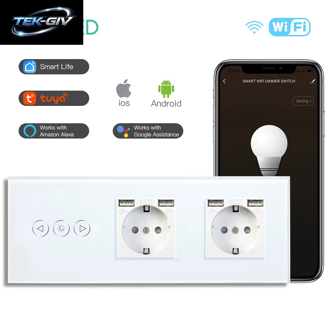BSEED Wifi Dimmer Schalter 1Gang Smart Touch Schalter up down Tuya Smart Leben Alexa App Mit EU Steckdose Typ-C USB Ports