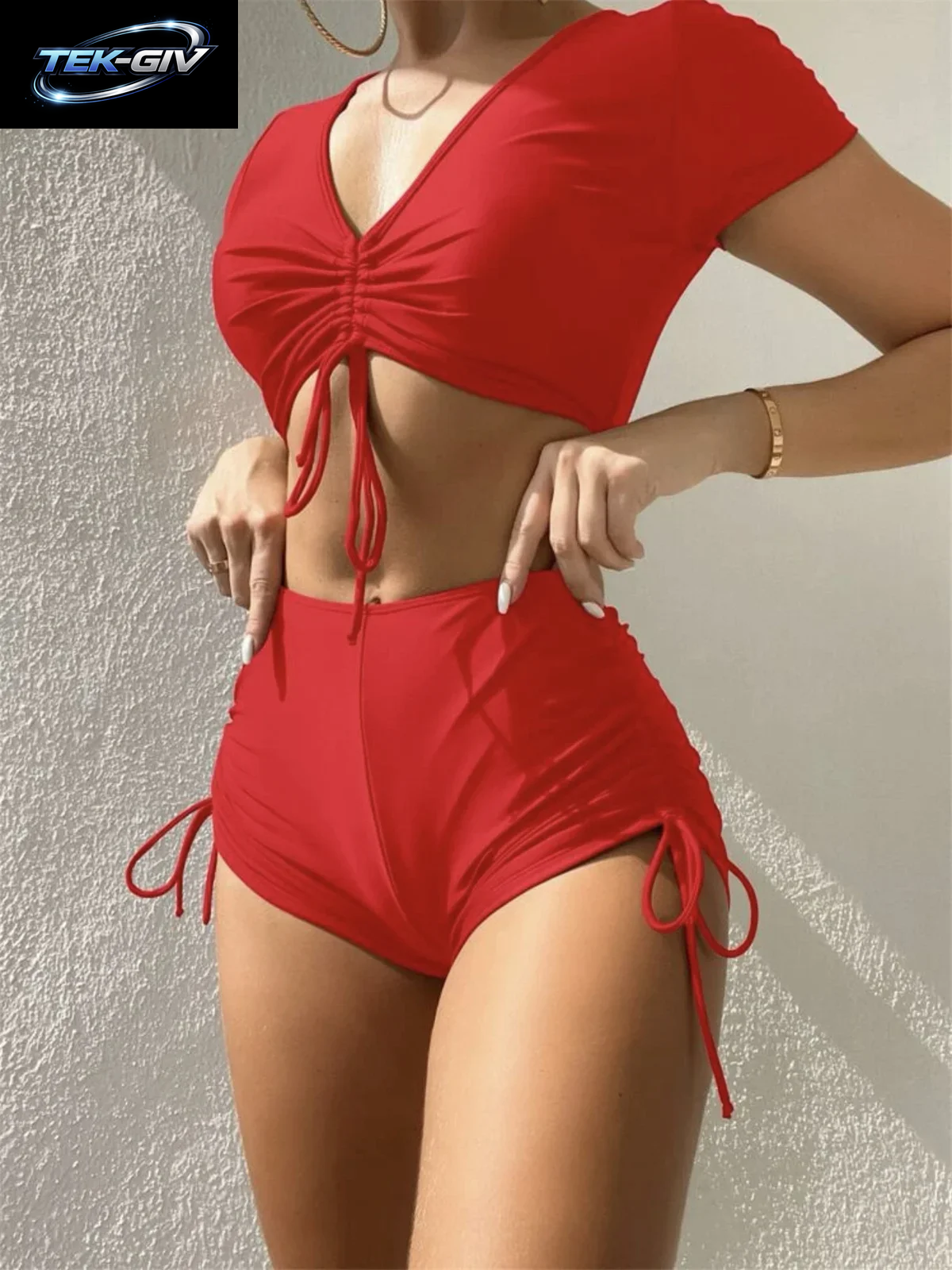 Sexy Bikini-Set Mit Kordelzug 2026 Damen Grün Schwarz Kurzarm Zweiteiliger Badeanzug Sommer Bademode Plissierter Hochgeschnittener Badeanzug
