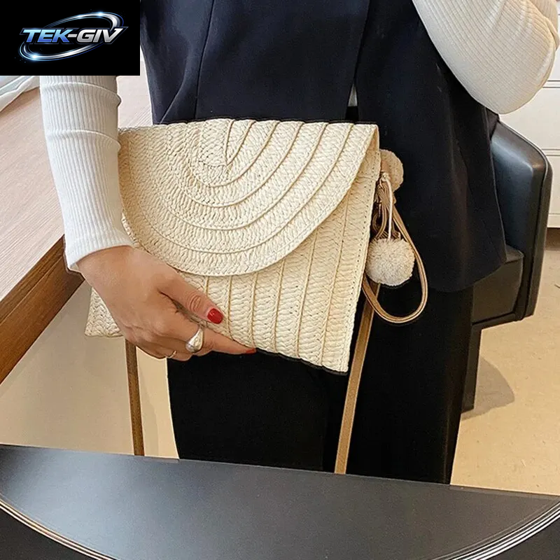 Handgemachte Stroh Strand Schulter Umhängetasche Mädchen Umschlag Gewebt Sommer Kleine Haar Ball Clutch
