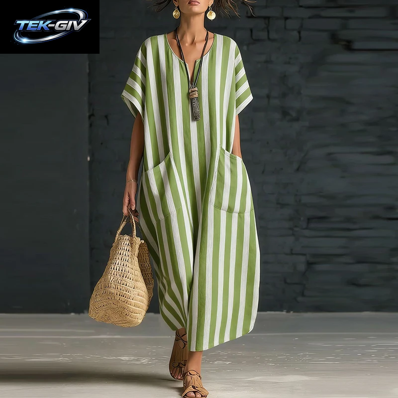 Sommer Strandkleid Für Damen, Lässiges V-Ausschnitt-Kleid Mit Streifenmuster, Lockeres Maxikleid Mit Taschen, Boho-Partykleid