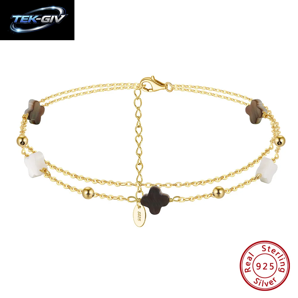 Rinntin Fußkettchen Aus Echtem 925Er-Sterlingsilber, Doppellagig, Kleeblatt-Kette, Glücksklee-Charm-Fußkettchen, Armband, Damenschmuck, GMA02