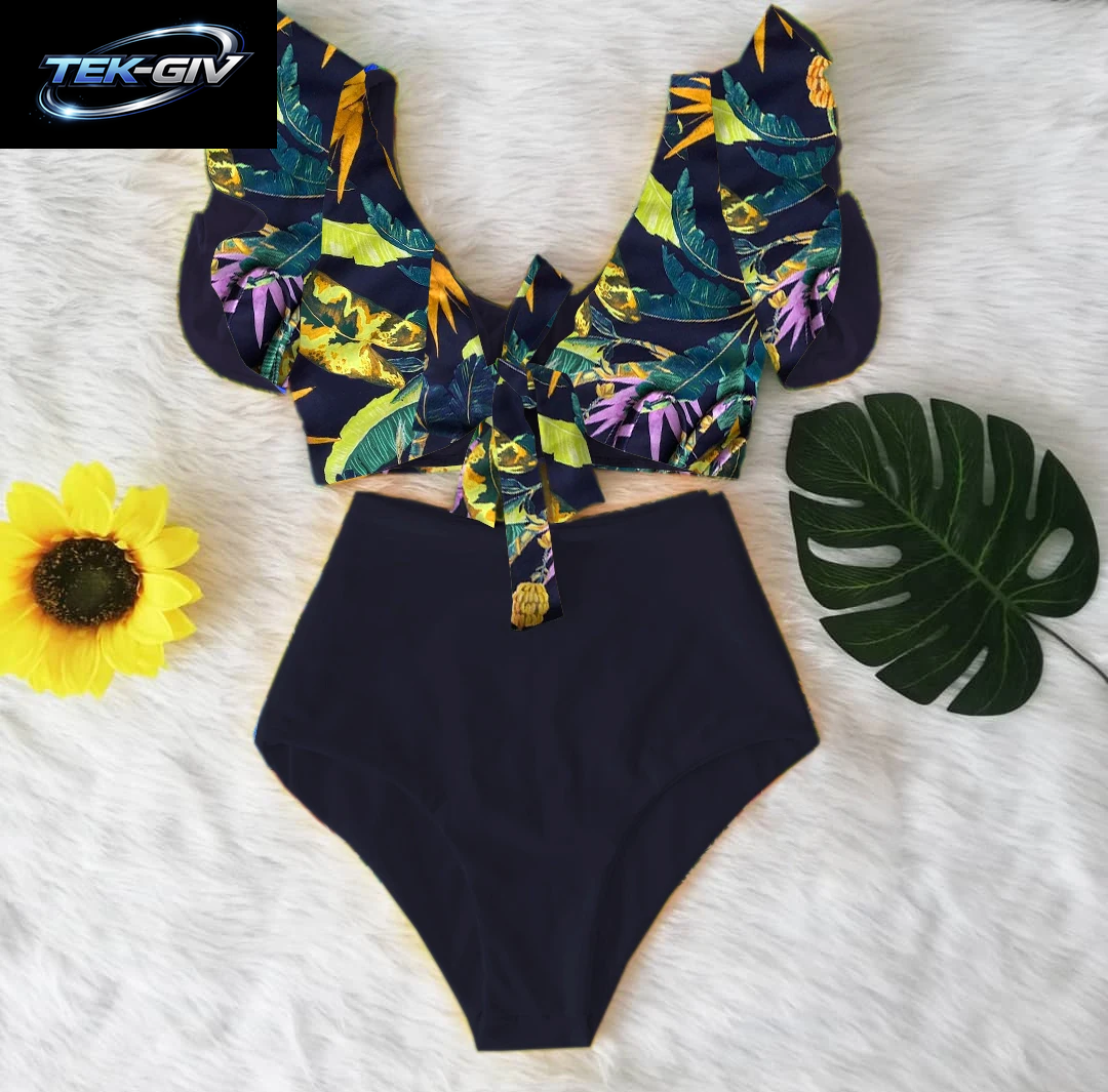 2026 High-Waist Bandage Bikini-Set Für Damen Mit Blumenmuster, Rüschen, Push-Up Und Riemchen – Brasilianischer Biquini Badeanzug