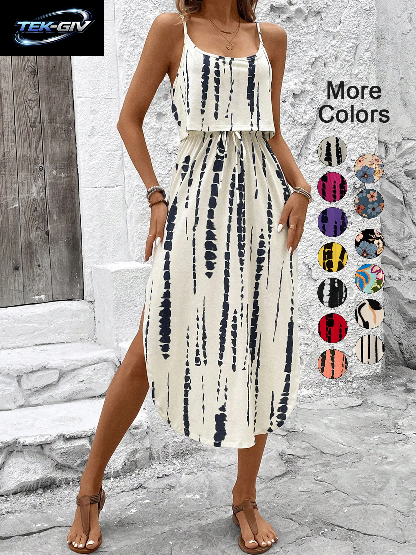 Sommerkleid Mit Spaghettiträgern Für Damen, Gürtel Und Seitenschlitz – Lässiges, Ärmelloses, Fließendes Kleid