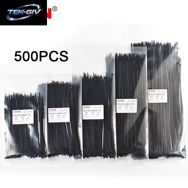 500 Stück Selbstsicherndes Nylon-Kabelbinder-Set, 3,5 X 250, 4,5 X 300, Kunststoff-Reißverschluss-Draht, 4–6–8–10–12 Zoll, Wrap, Feste Bindung, Hohe Zugfestigkeit