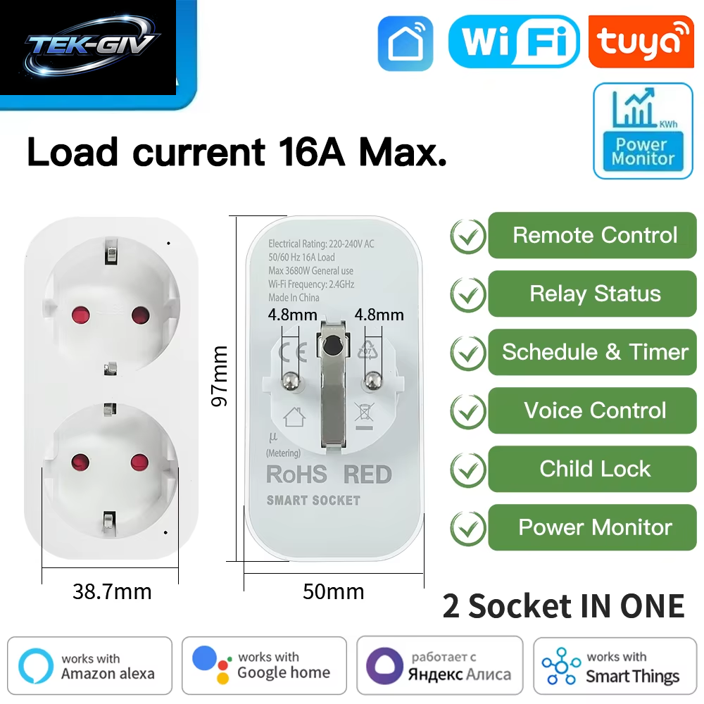TNCE Tuya Wifi/Zigbee Smart Plug16A/20A EU Smart 2 Steckdosen in 1 Mit Stromüberwachung Und Timing-Funktion, Kompatibel Mit Alexa Und Google Home