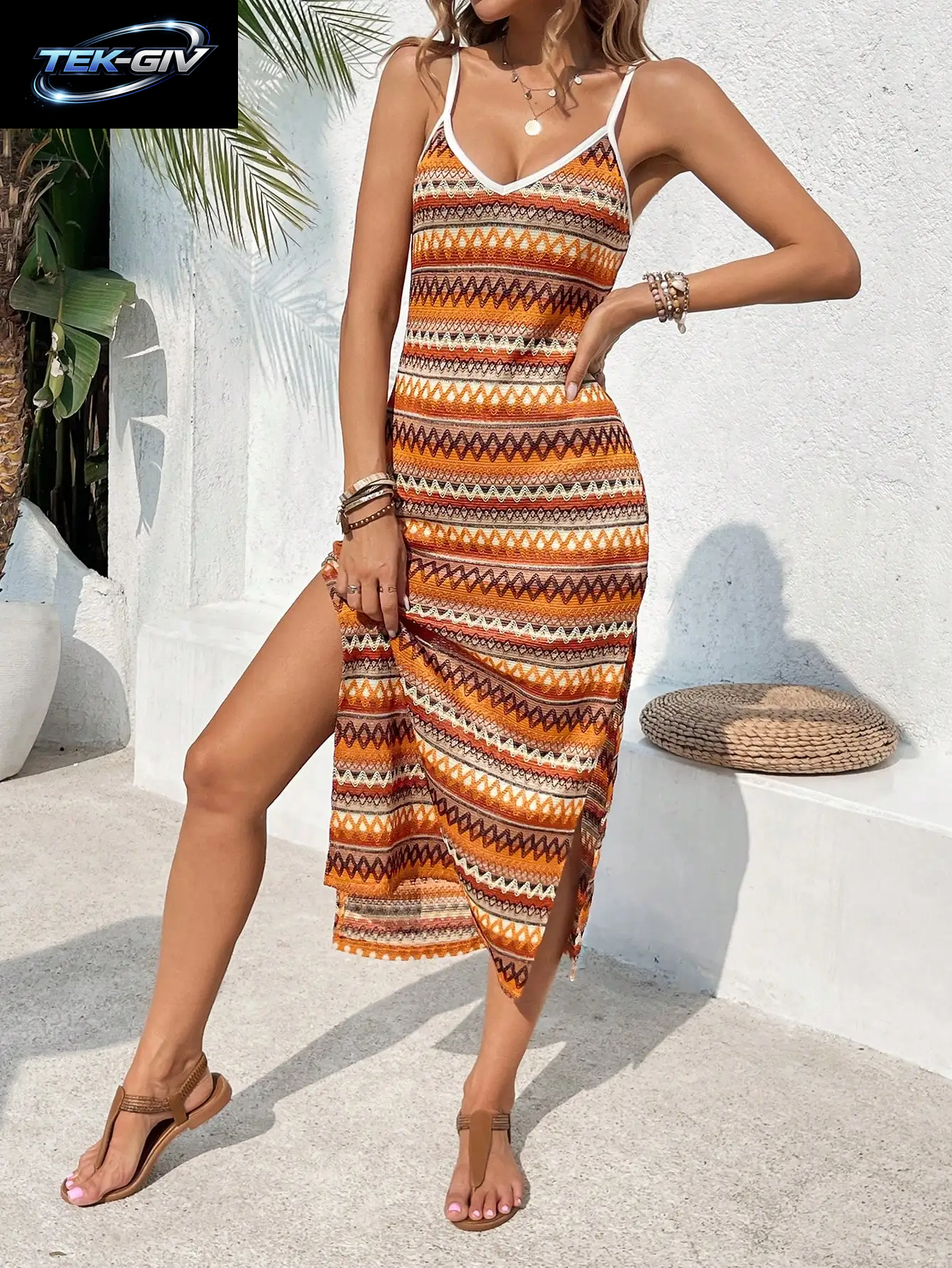 Damen Boho Geometrisch Gestreiftes Strick-Cami-Maxikleid - Ethnisches V-Ausschnitt Hochgeschlitztes Ärmelloses Bodycon Langes Kleid Für Strandurlaub