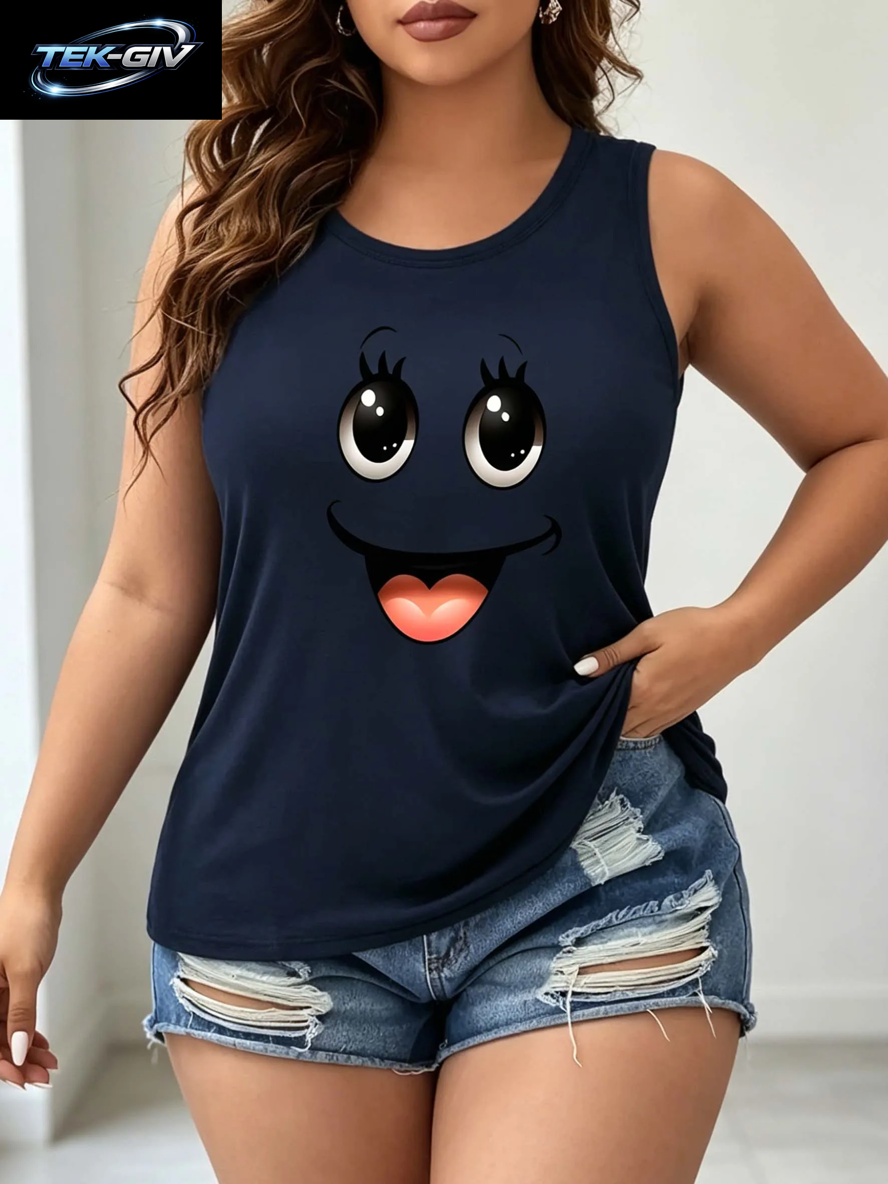 Großer, Modischer Rundhals-Pullover Mit Happy-Face-Print Für Den Sommer, Ärmelloser Sport-Pullover Für Damen
