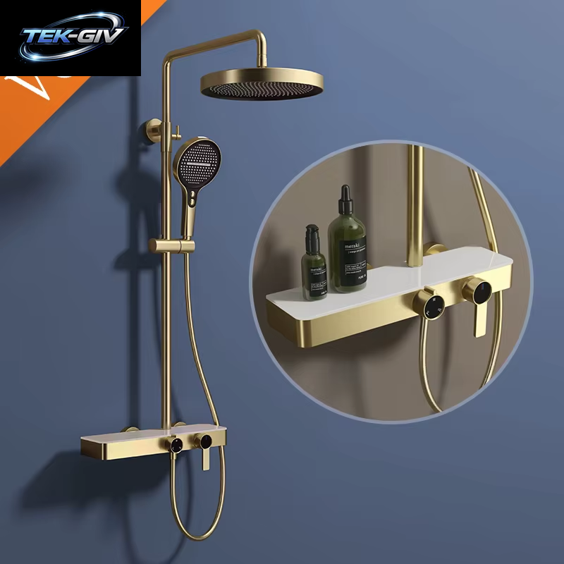 VGX Gold Duschsystem Set Badezimmer Duscharmatur Set 3-Wege Regenduschset Duschmischer Kran Mit Handbrause Set Grau