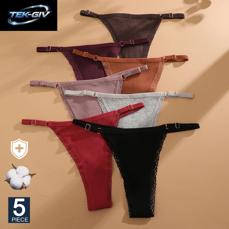 FINETOO 5 Teile/Satz Sexy G-String Höschen Baumwolle Frauen Unterwäsche Verstellbare Taille Mädchen Weibliche Pantys Bikini Dame Thongs Dessous