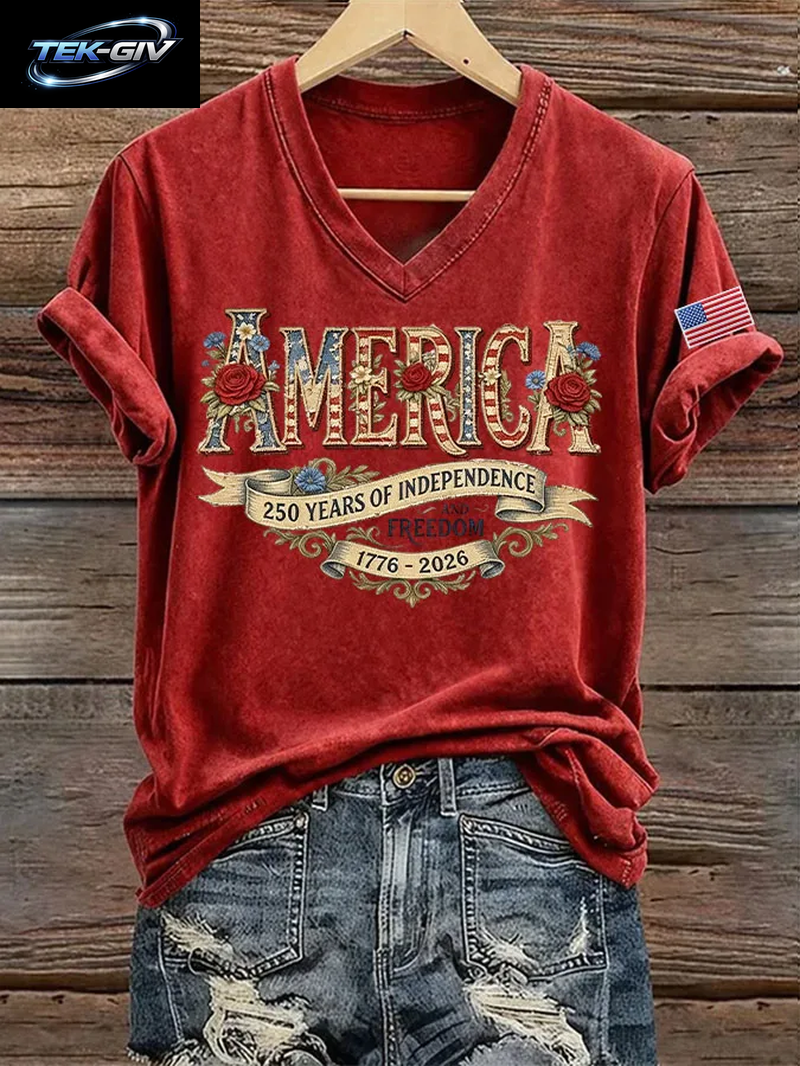 NEUE Damen-T-Shirts Mit Us-Flaggen-Aufdruck 1776-2026, Sommer-T-Shirt Zum 250. Jahrestag Amerikas, Kurzärmelig, Lässige Oberteile Mit V-Ausschnitt