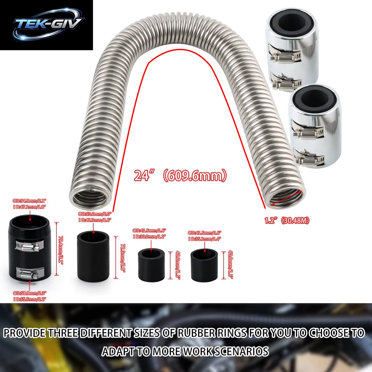 24 "(61Cm) Edelstahl Kühler Schlauch Flexible Kühlmittel Wasser Schlauch Kit Mit 2 Chrome Caps Universal