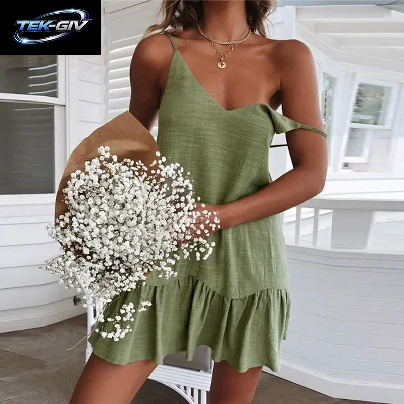 Kleid Frauen Sexy Spaghetti Strap Rüschen Sommer Kleid 2025, Baumwolle Leinen Vestidos Grüne Kleider off Schulter Sexy Mini Sommerkleid
