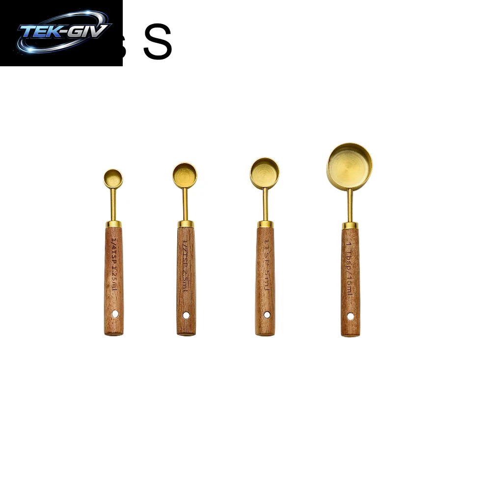 Gold Holzgriff Edelstahl Messbecher Löffel Backwerkzeuge Kaffee Messlöffel Set Barkeeper Maßstab Zubehör