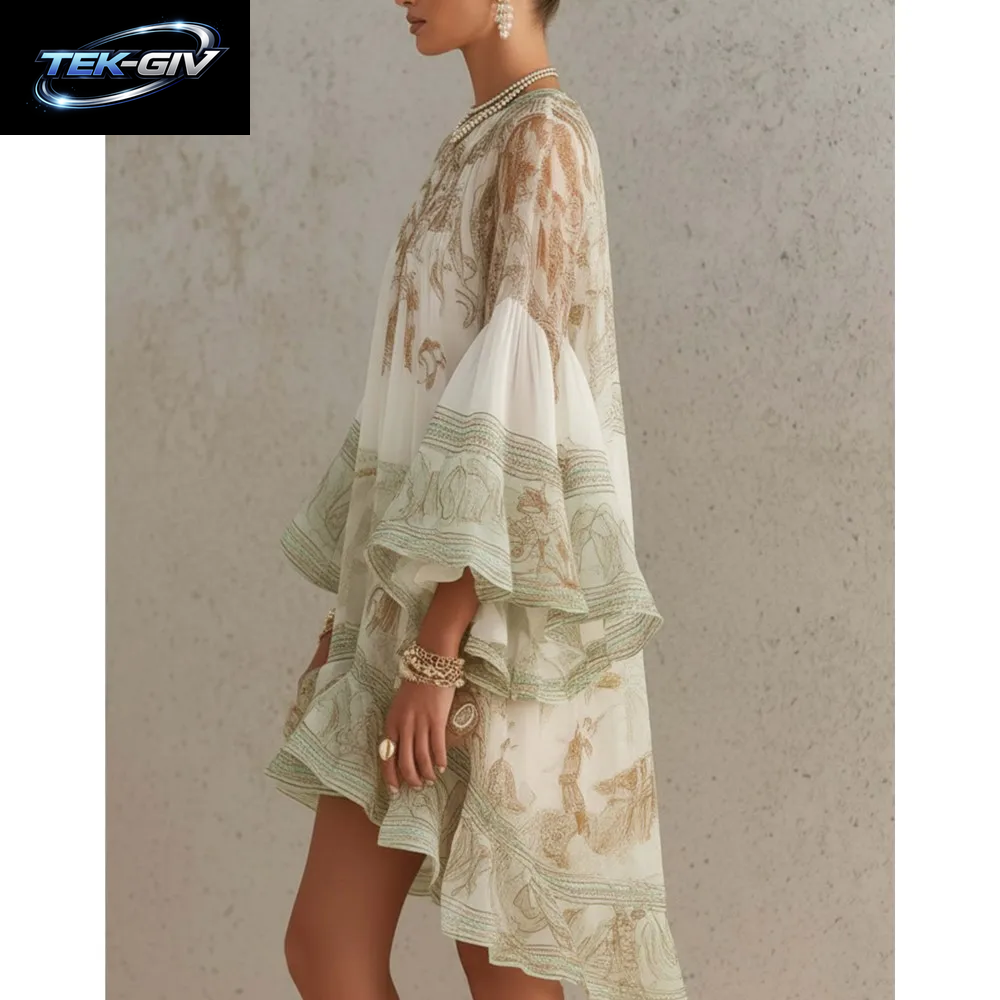 Modisches Bedrucktes Chiffon-Trompetenkleid Mit Langen Ärmeln Für Damen, Frühling Sommer Neues Elegantes Strandkleid Für Urlaub, Locker Geschnittenes Kleid 2026