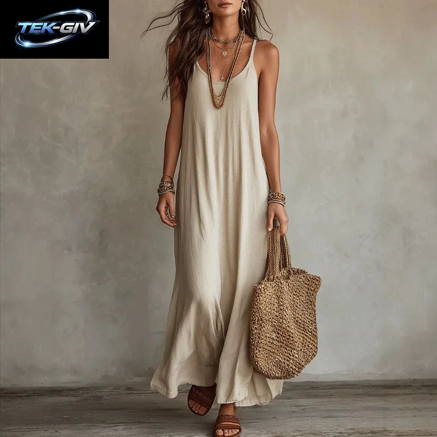Rückenfreie Cami-Kleider Sommer Damen Boho-Kleid Spaghetti-Träger Ärmellos Lässiges Maxikleid Langes Sommerkleid Urlaubs-Strandkleidung