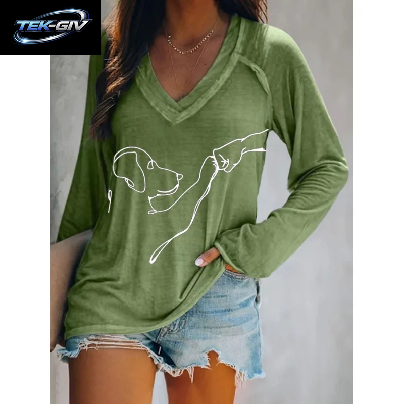 Ilstile Damen-T-Shirts Mit Hundemotiv, Sommer, Lässig, Locker, Langärmelig, V-Ausschnitt, Weiß, Schwarz, Blau, Grün, T-Shirt, Heißer Verkauf