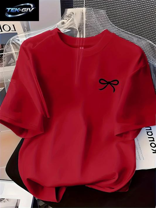 Neues Damen-T-Shirt Mit Schwarzem Schleifenmuster, Einfacher Stil, Lässige Mode, Kurzärmeliges T-Shirt, Weich, Bequem, Sommer-Damenbekleidung