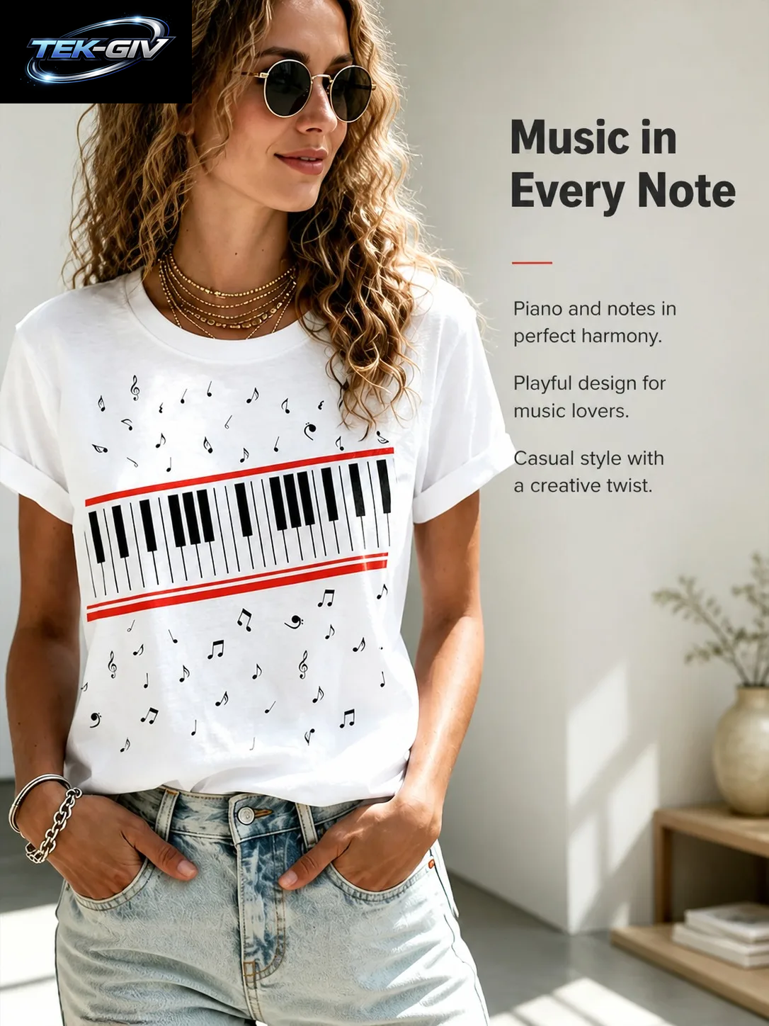 Ilstile Damen-T-Shirts Mit Klavier-Musiknoten-Aufdruck, Sommer, Kurzärmelig, Lässig, Rundhalsausschnitt, Retro-Fan-Favorit-T-Shirts, NEU