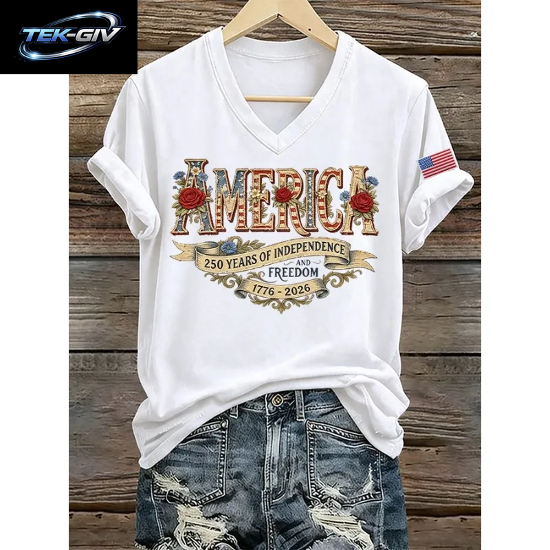 NEUE Damen-T-Shirts Mit Us-Flaggen-Aufdruck 1776-2026, Sommer-T-Shirt Zum 250. Jahrestag Amerikas, Kurzärmelig, Lässige Oberteile Mit V-Ausschnitt