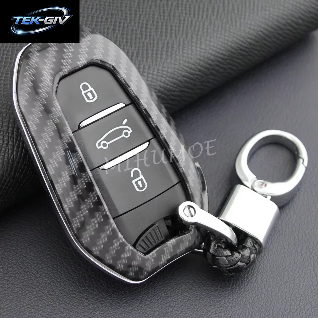 Carbon Fiber Smart Key Fob Abdeckung Fall Kette Ring Für Peugeot 308 508 2008 3008 5008 Citroen C3 C5 Aircross DS 9 3 7 Crossback