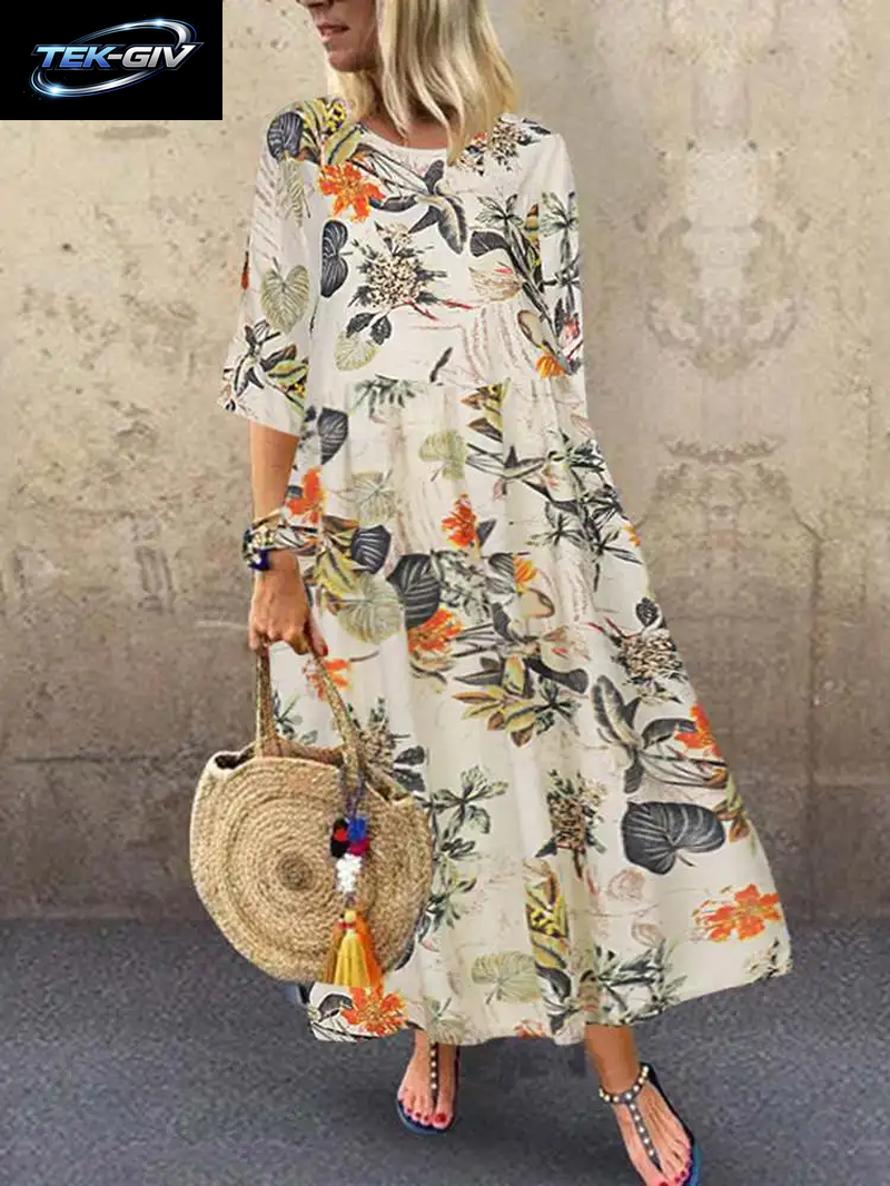 Damen Sommerkleid Mit Kurzen Ärmeln, ZANZEA Damenkleid Mit Blumenmuster, Bohemian-Stil, Elegant, Lässig, Übergroß, Lange Urlaubskleider
