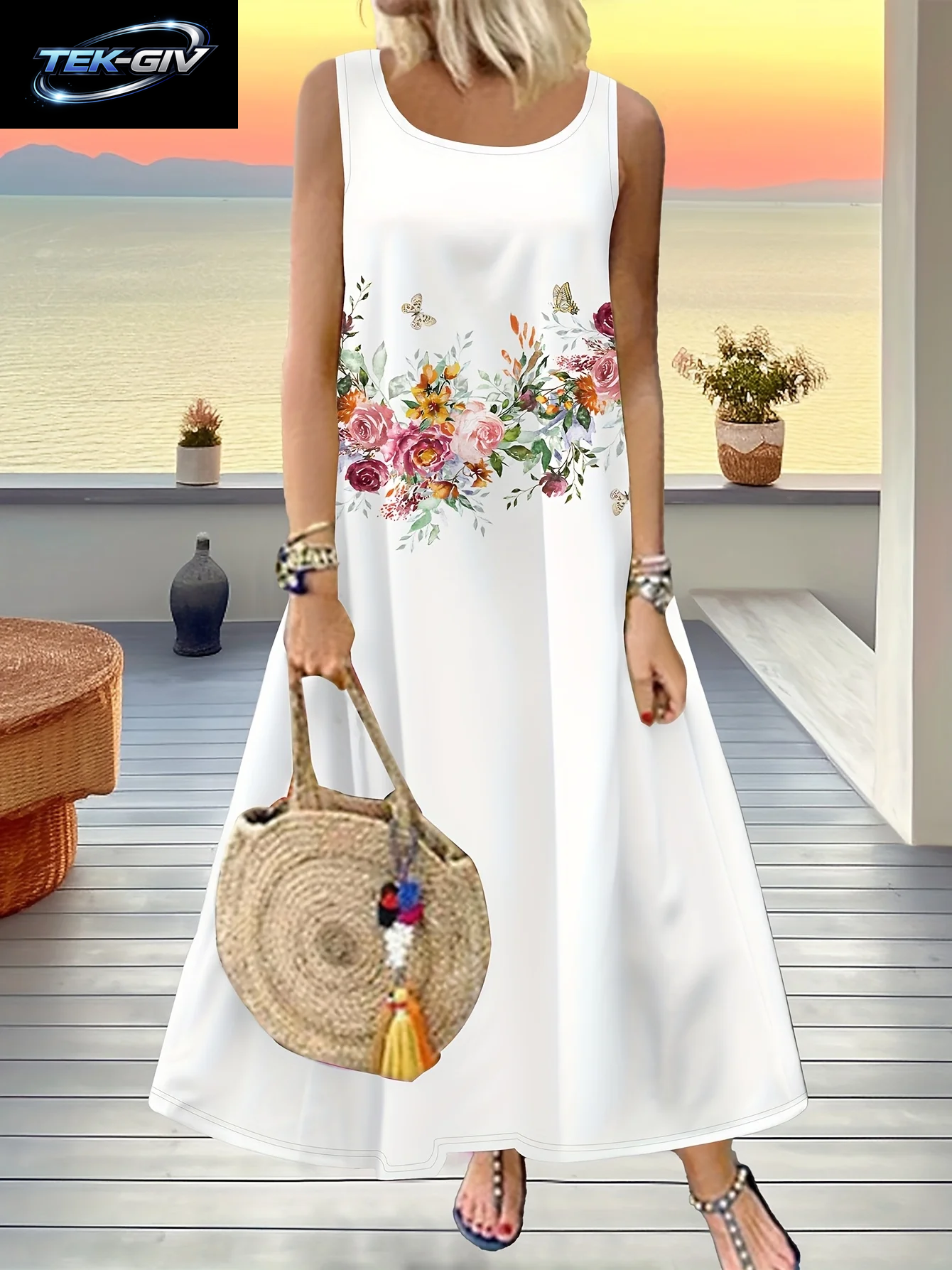 Boho-Urlaubskleid Mit Sonnenblumen-Ethno-Print, Rundhals, Locker Geschnittenes Langes Urlaubskleid, Dopamin-Kleid, Leichtes, Reifes Maxikleid