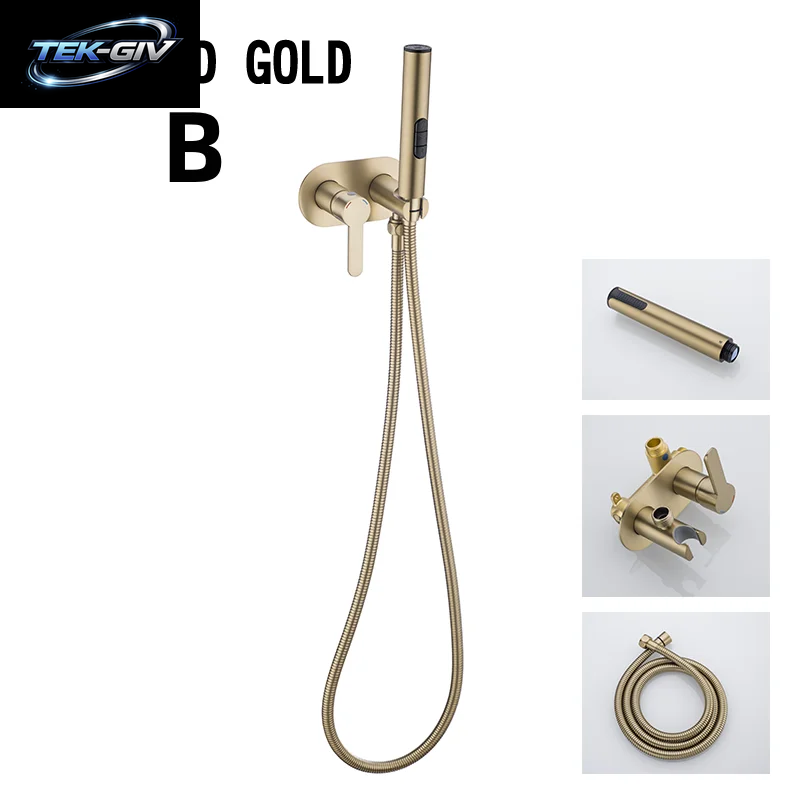 Gebürsteter Gold-Bidet-Wasserhahn, Messing-Duscharmatur, Waschtischmischer, Kalt- Und Warmwassermischer, Quadratischer Duschbrausekopf, Wc-Armaturen