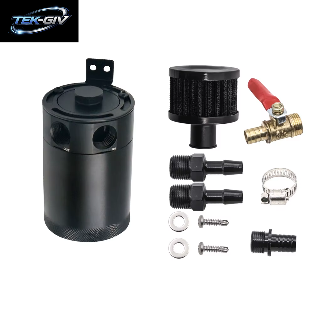 HD 2-Port-Ölfangdose Tank Kraftstoff Tank Rennen Verblüfft Mit Ablass Ventil Luftöl Abscheider Universal Schwarz Eloxiert