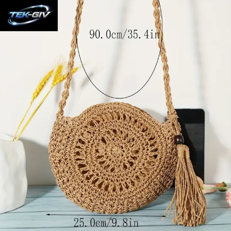 Mode Aushöhlen Schulter Taschen Casual Stroh Umhängetasche Kleine Runde Tasche Geldbörse Quaste Messenger Handtaschen Bolsa Feminina