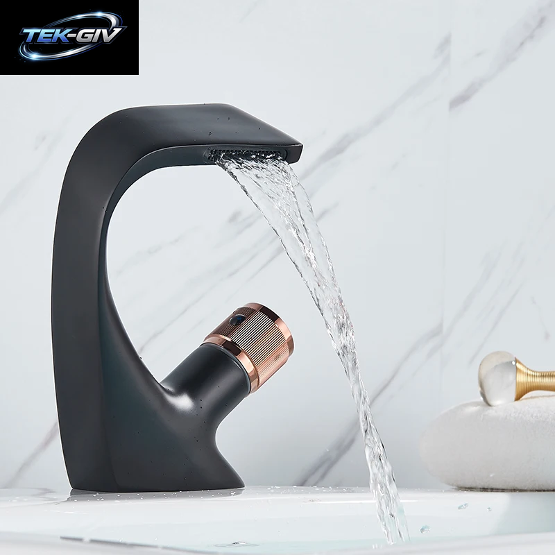 Rozin Matte Schwarz Becken Armaturen Wasserfall Moderne Messing Bad Wasserhahn Deck Montieren Einfache Design Kran Kalten Heißer Wasser Mischbatterie