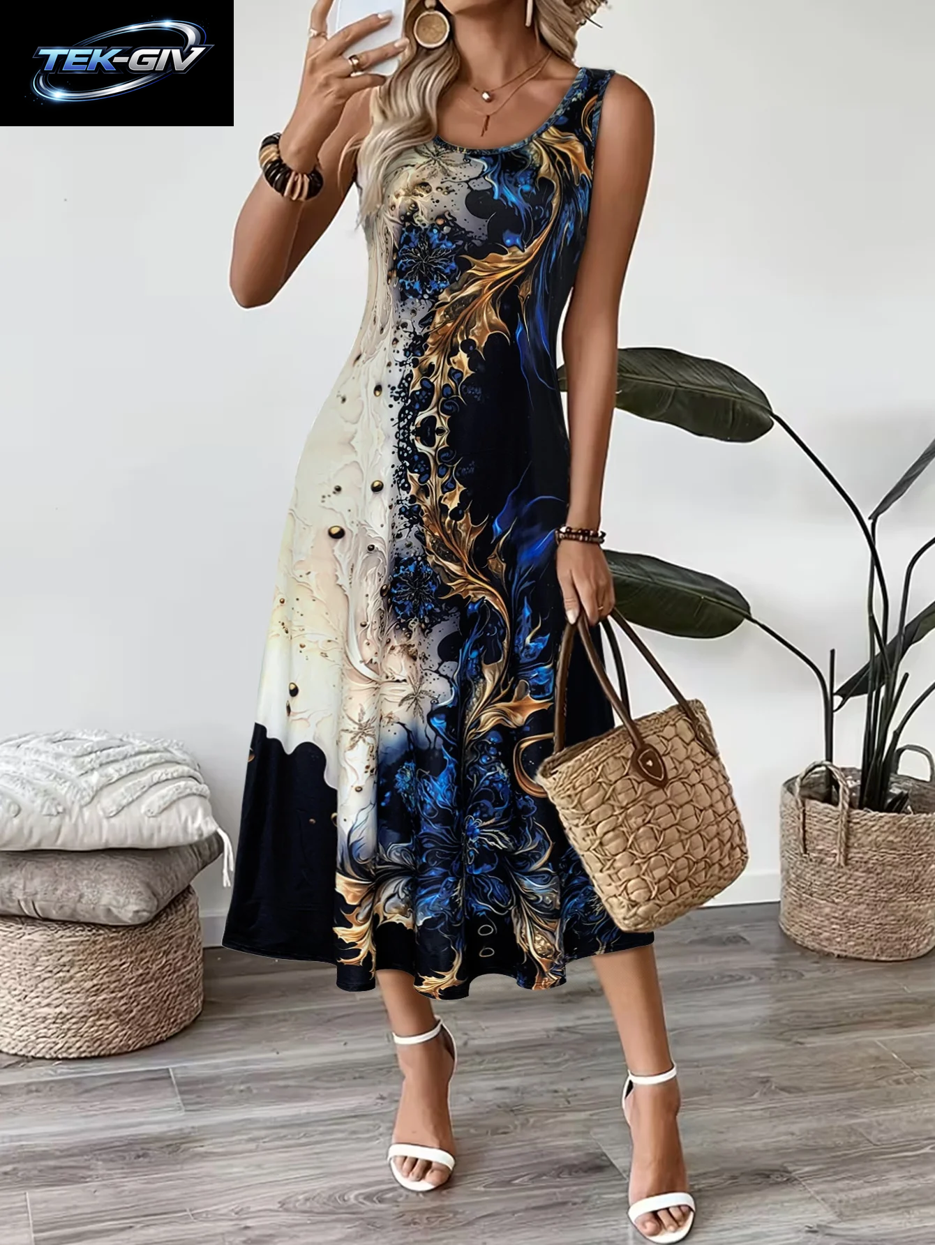 2026 Damen Freizeitkleider Luxuriöses Künstlerisches Farbverlauf-Print Ärmelloses Tanktop-Kleid Damenmode Elegantes Strandkleid Neu