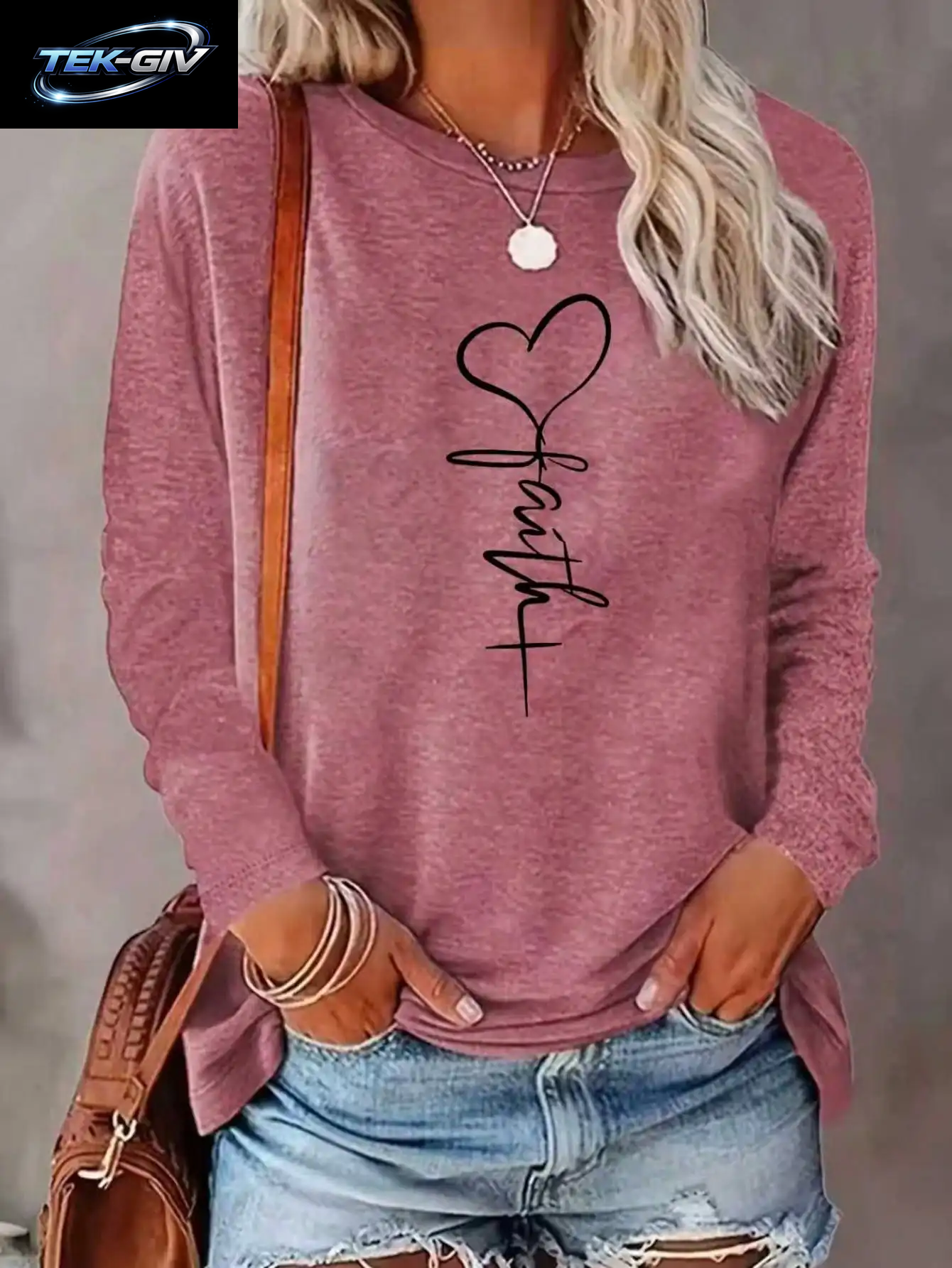 Damen Langarm-Oberteil Mit Rundhalsausschnitt, Elegantes Einfarbiges Polyester-Strick-T-Shirt, Herbst- Und Wintermode Mit Herzmuster
