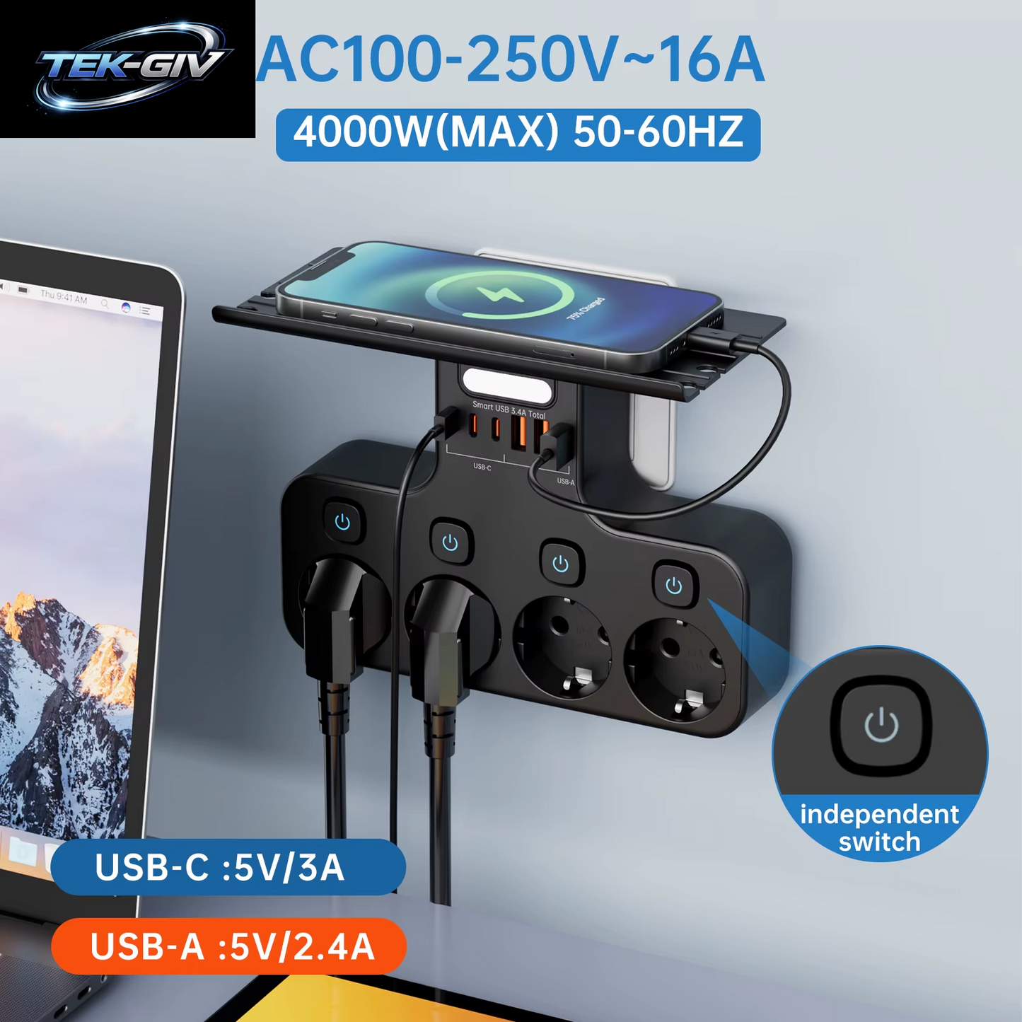 4000 W Eu-Stecker Steckdosenleiste Multifunktionssteckdose Intelligentes Nachtlicht Unabhängiger Schalter Europäische Standardsteckdose Mit Usb-C-Anschlüssen